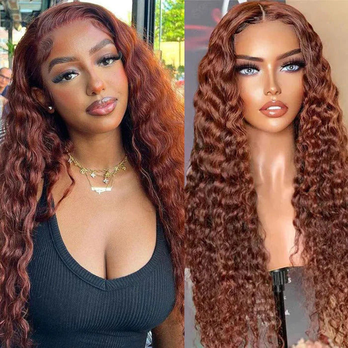 Pre-Cut 13x4/5x6 HD Lace Frontal #33 Reddish Brown Auburn Copper Color Water Wave Breathable Airy Cap Real Glueless Human Wigs