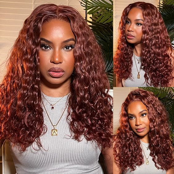 Pre-Cut 13x4/5x6 HD Lace Frontal #33 Reddish Brown Auburn Copper Color Water Wave Breathable Airy Cap Real Glueless Human Wigs