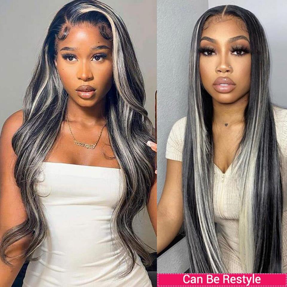 Megalook Platinum Blonde Highlights Human Hair 13x4 Lace Front Wigs Long Body Wave/Straight Black Wig with Blonde Highlights
