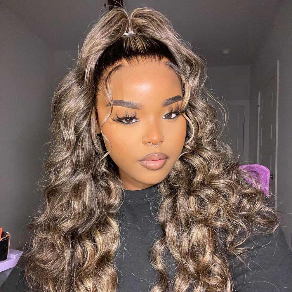 Megalook 13x4 Loose Wave Balayage Highlight Honey Blonde Human Hair Wigs Transparent Hd Lace Front Wigs