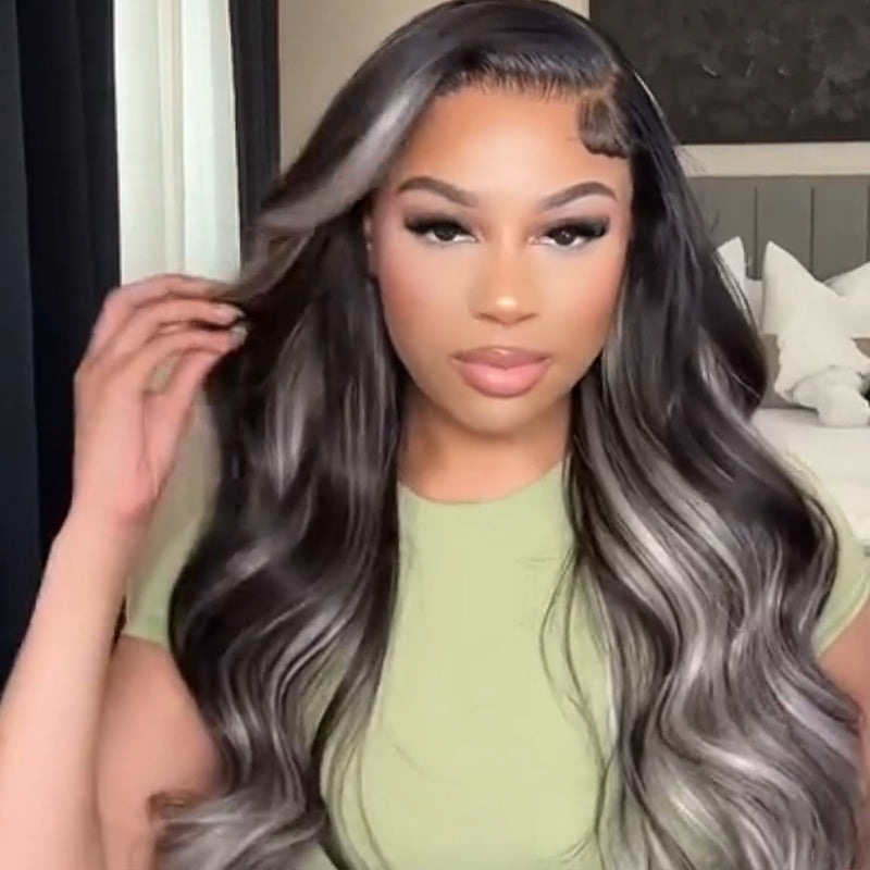 Megalook Platinum Blonde Highlights Human Hair 13x4 Lace Front Wigs Long Body Wave/Straight Black Wig with Blonde Highlights