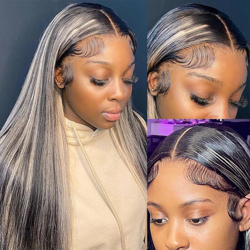 Megalook Platinum Blonde Highlights Human Hair 13x4 Lace Front Wigs Long Body Wave/Straight Black Wig with Blonde Highlights