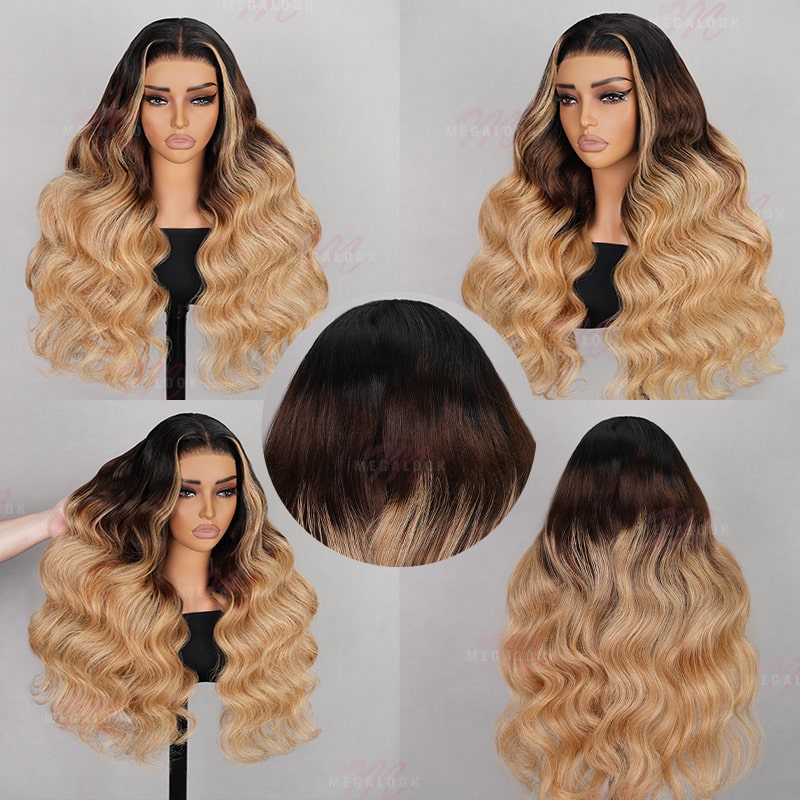Pre Cut 6x5 Lace Closure Body Wave 13x4 HD Lace Human Hair Wigs Blonde Highlight #T1B/4/27 Three Tone Color Wig