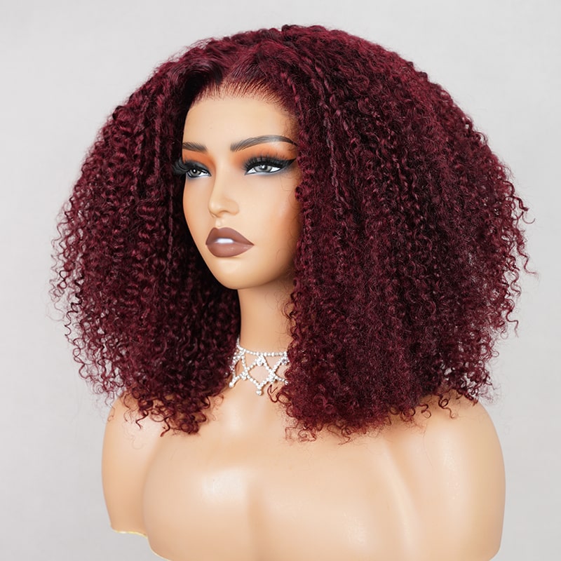 (Super Deal)Megalook Salon-Quality Minimalist 6 Inch Deep Part Hairline Super Double Drawn Kinky Curl Natural Black/#99J/#1b/30 Balayage Middle part Glueless Pre-Cut Lace Closure Wig