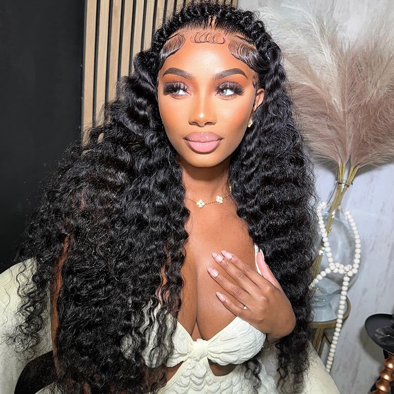Megalook Halo Braid Blonde Natural Color Deep Wave 13x4 Lace Front Pre-Bleached Human Hair Wig