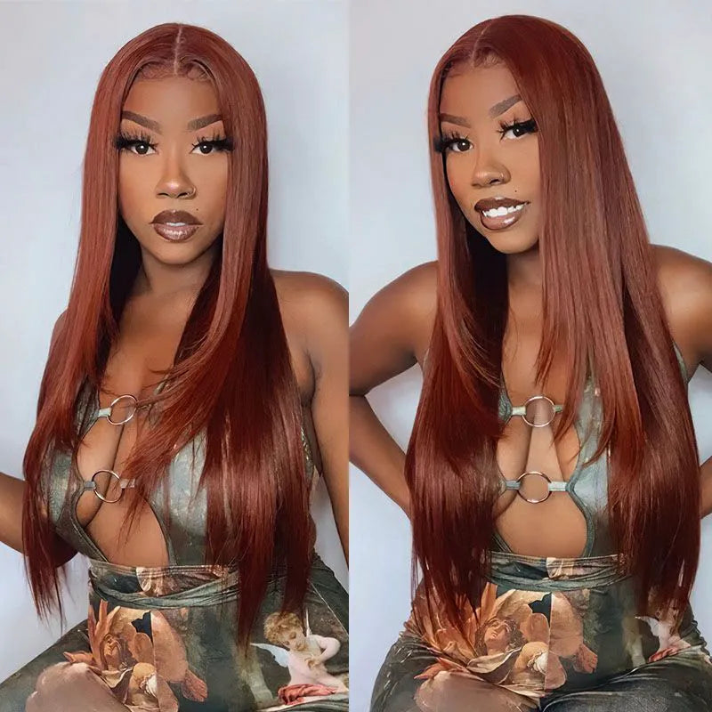 New #33 Red Brown Auburn Color Straight Human Hair Wig HD Lace 5x5/13x4 Lace Frontal Wigs