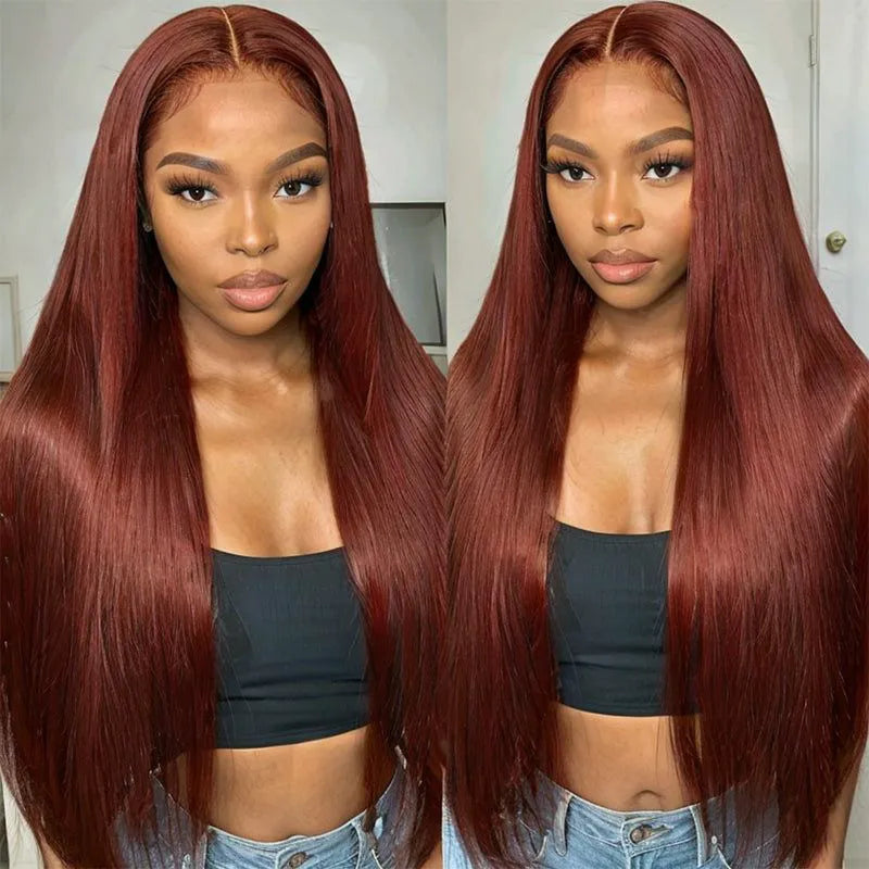 New #33 Red Brown Auburn Color Straight Human Hair Wig HD Lace 5x5/13x4 Lace Frontal Wigs