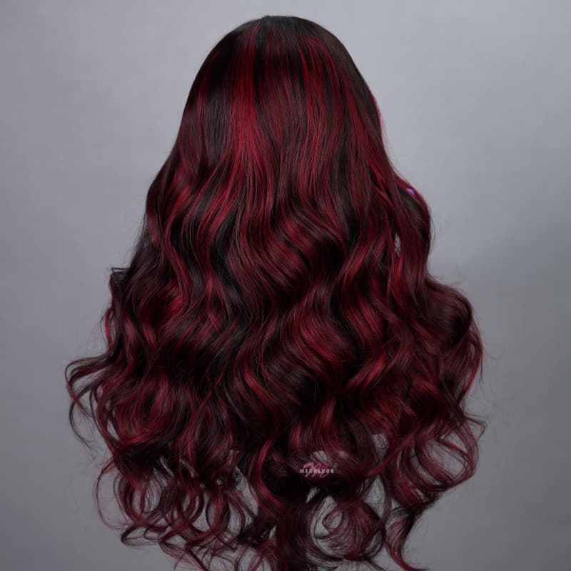 New Dark Burgundy With Rose Red Highlights 13x4 Lace Front Hand Curls Wig