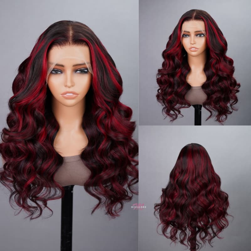 New Dark Burgundy With Rose Red Highlights 13x4 Lace Front Hand Curls Wig