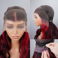 New Dark Burgundy With Rose Red Highlights 13x4 Lace Front Hand Curls Wig