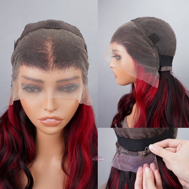 New Dark Burgundy With Rose Red Highlights 13x4 Lace Front Hand Curls Wig