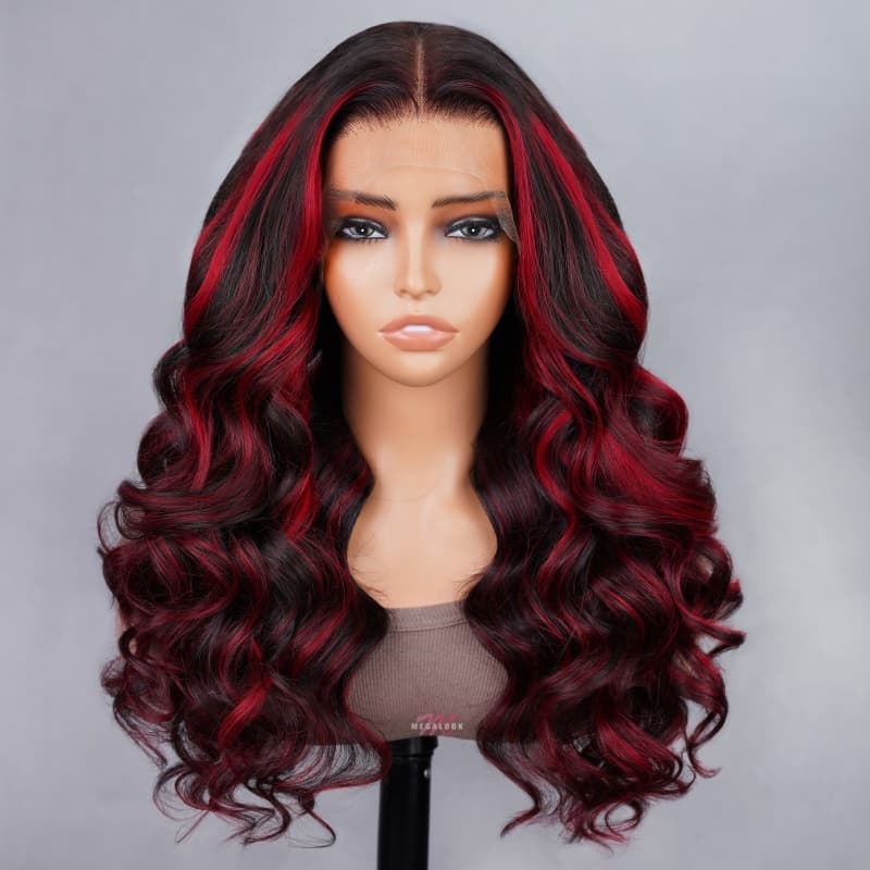 New Dark Burgundy With Rose Red Highlights 13x4 Lace Front Hand Curls Wig