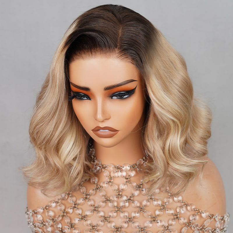 (Super Deal)Ombre Ash Blonde Highlight Wig Classic Short Wavy Wig Medium Blonde #2 Dark Brown Virgin Human Hair HD 6x5 Glueless Lace Wig