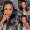 Megalook Platinum Blonde Highlights Human Hair 13x4 Lace Front Wigs Long Body Wave/Straight Black Wig with Blonde Highlights