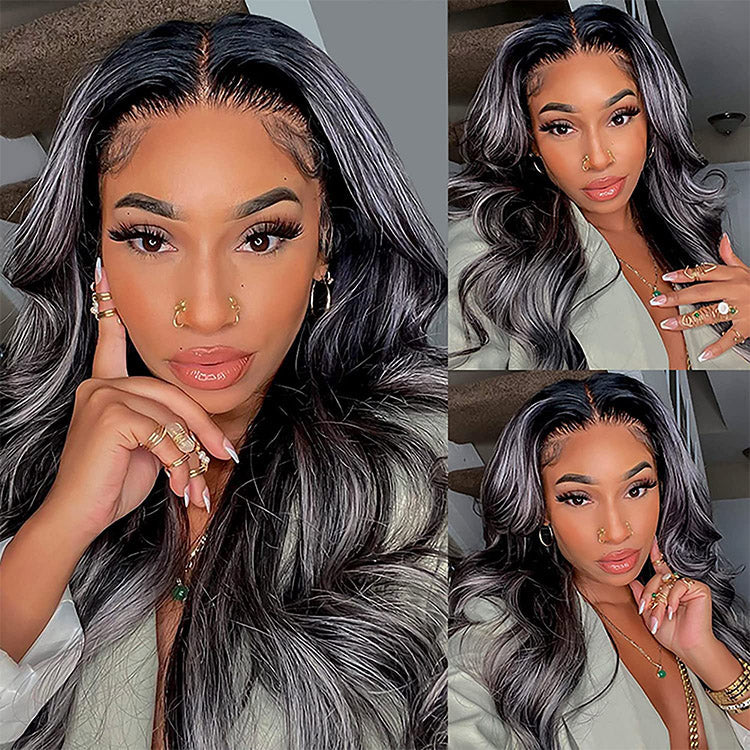 Megalook Platinum Blonde Highlights Human Hair 13x4 Lace Front Wigs Long Body Wave/Straight Black Wig with Blonde Highlights