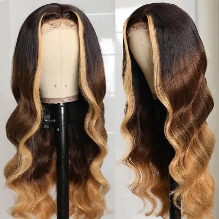 Pre Cut 6x5 Lace Closure Body Wave 13x4 HD Lace Human Hair Wigs Blonde Highlight #T1B/4/27 Three Tone Color Wig