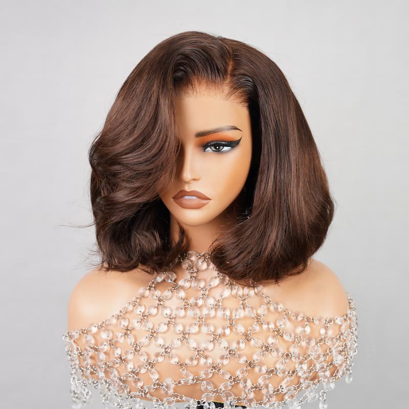 {Super Sale} Megalook Limited Design #4 Chocolate Brown Pre Cut Glueless 5x6 Lace Closure Bob Wig