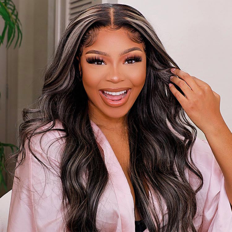 Megalook Platinum Blonde Highlights Human Hair 13x4 Lace Front Wigs Long Body Wave/Straight Black Wig with Blonde Highlights