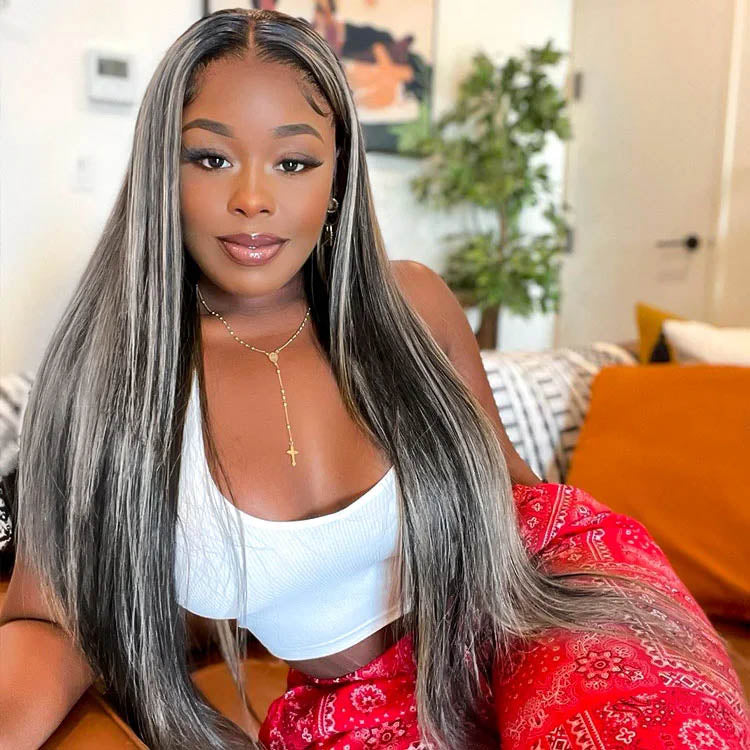 Megalook Platinum Blonde Highlights Human Hair 13x4 Lace Front Wigs Long Body Wave/Straight Black Wig with Blonde Highlights