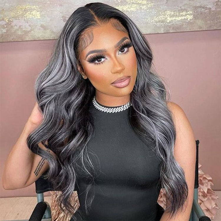 Megalook Platinum Blonde Highlights Human Hair 13x4 Lace Front Wigs Long Body Wave/Straight Black Wig with Blonde Highlights