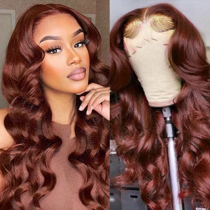 Transparent Lace 13X4 Body Wave Human Hair Wig New #33 Red Brown Auburn Color Wig For Women
