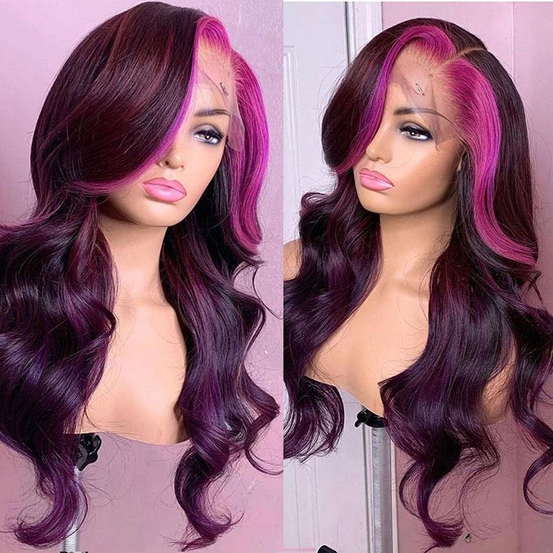 13x4 Lace Front Side Part Highlight Money Piece Pink Purple Human Hair Wig Hd Transparent Lace Body Wave Wig