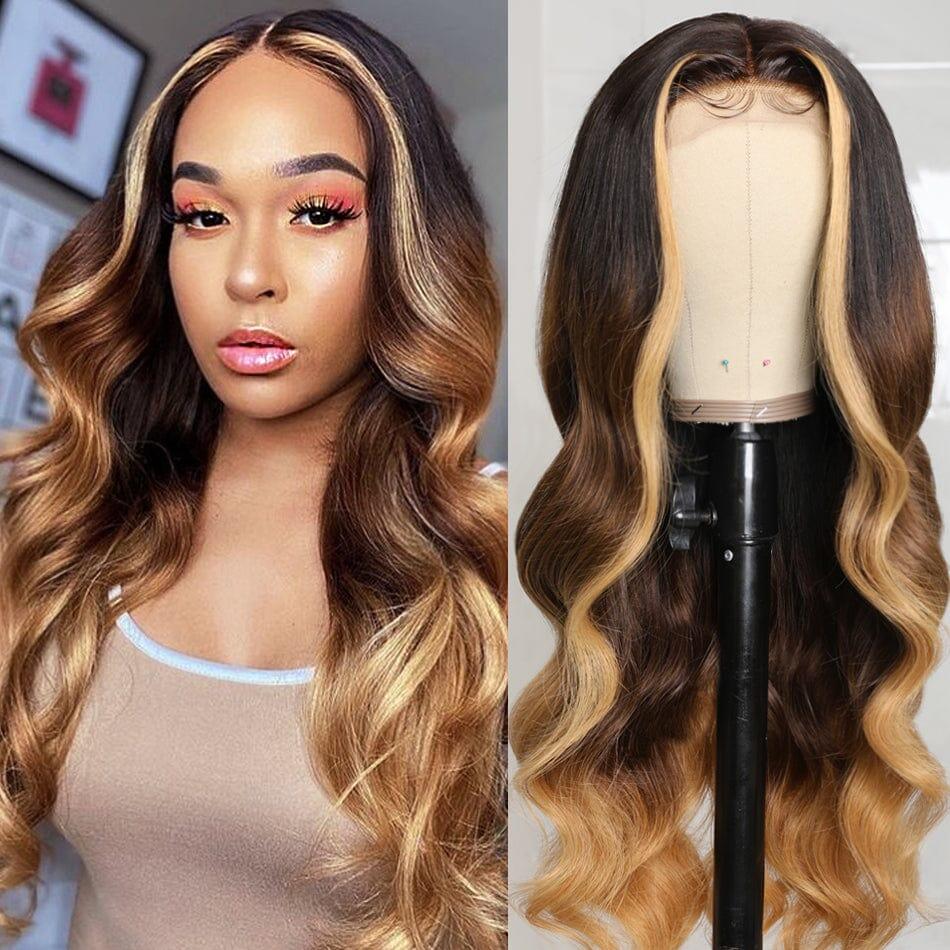 Pre Cut 6x5 Lace Closure Body Wave 13x4 HD Lace Human Hair Wigs Blonde Highlight #T1B/4/27 Three Tone Color Wig