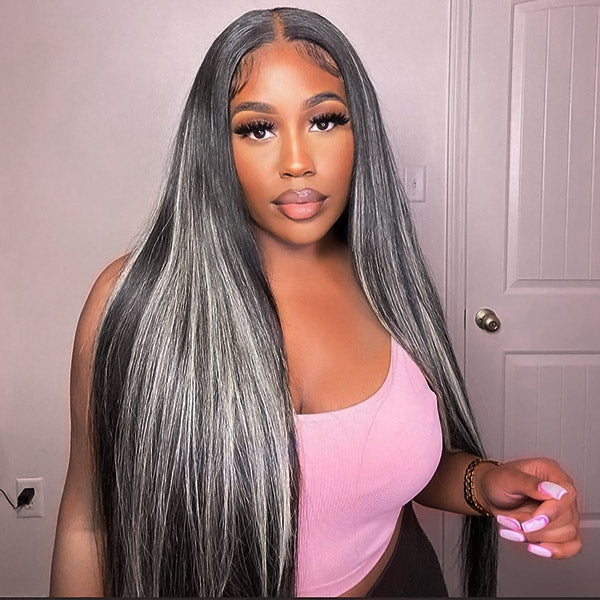 Megalook Platinum Blonde Highlights Human Hair 13x4 Lace Front Wigs Long Body Wave/Straight Black Wig with Blonde Highlights