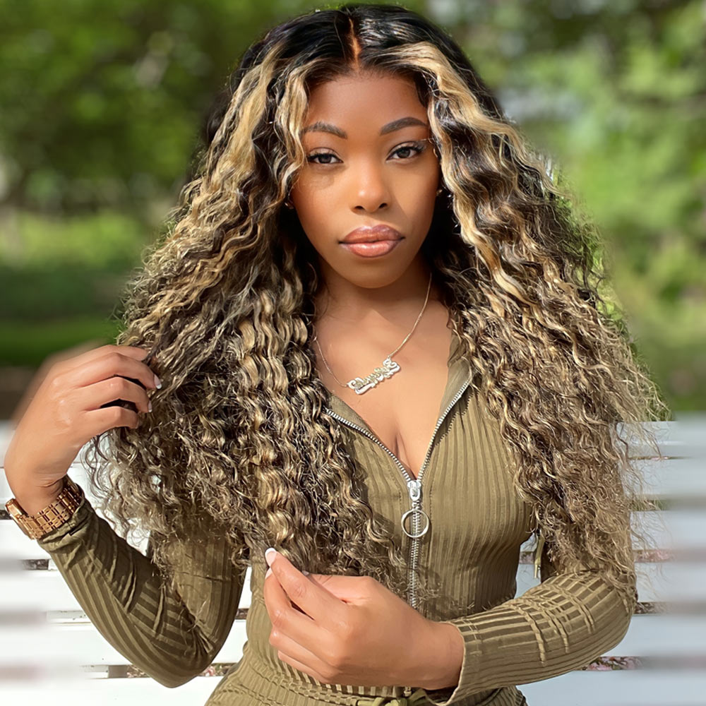 Megalook Balayage Human Hair Wigs Loose Deep Wave Hair 13x4 Lace Front Wigs Black Wigs With Highlights Blonde