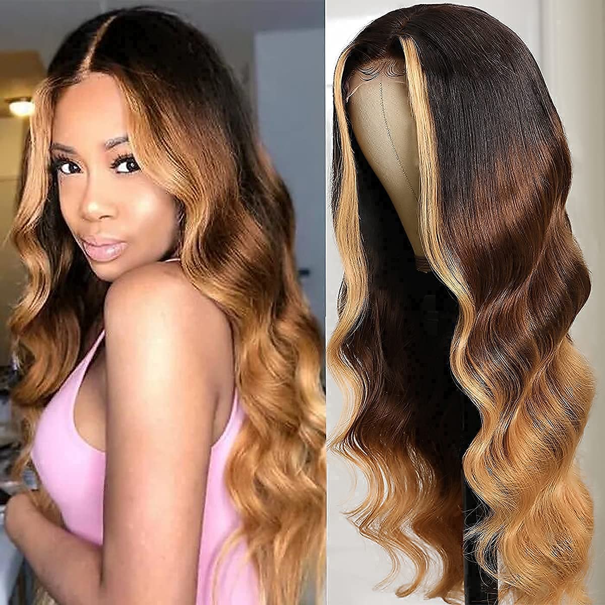 Pre Cut 6x5 Lace Closure Body Wave 13x4 HD Lace Human Hair Wigs Blonde Highlight #T1B/4/27 Three Tone Color Wig