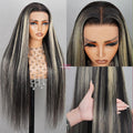 Megalook Platinum Blonde Highlights Human Hair 13x4 Lace Front Wigs Long Body Wave/Straight Black Wig with Blonde Highlights