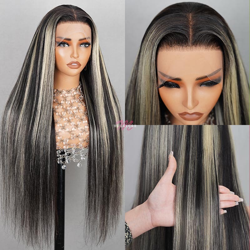 Megalook Platinum Blonde Highlights Human Hair 13x4 Lace Front Wigs Long Body Wave/Straight Black Wig with Blonde Highlights