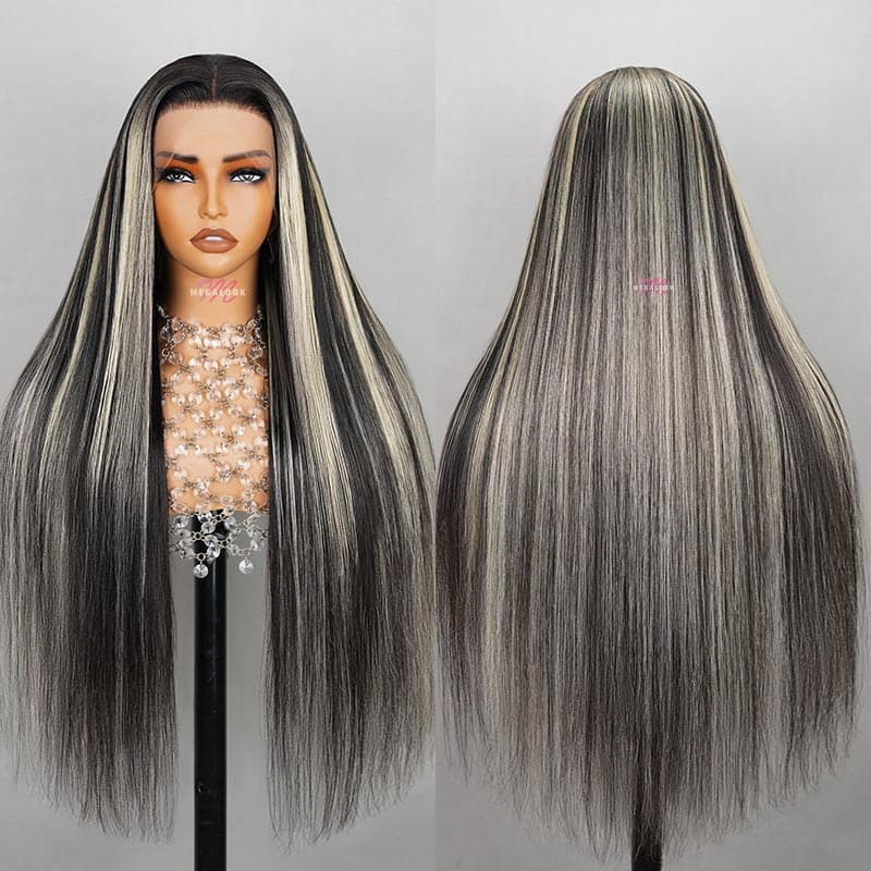 Megalook Platinum Blonde Highlights Human Hair 13x4 Lace Front Wigs Long Body Wave/Straight Black Wig with Blonde Highlights