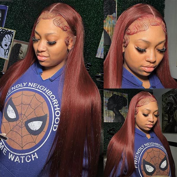 New #33 Red Brown Auburn Color Straight Human Hair Wig HD Lace 5x5/13x4 Lace Frontal Wigs