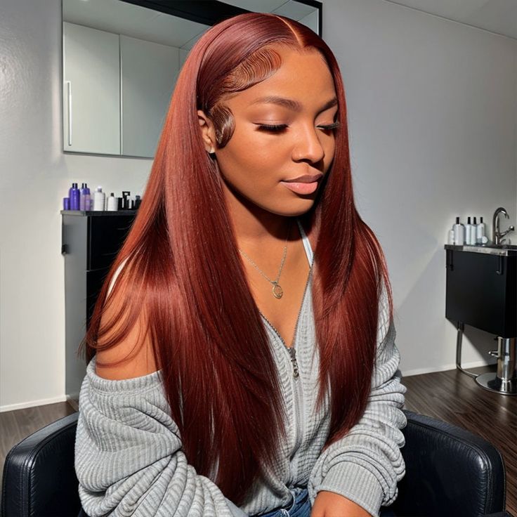 New #33 Red Brown Auburn Color Straight Human Hair Wig HD Lace 5x5/13x4 Lace Frontal Wigs
