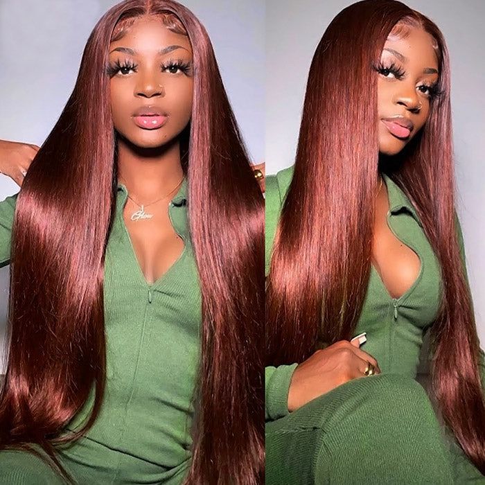 New #33 Red Brown Auburn Color Straight Human Hair Wig HD Lace 5x5/13x4 Lace Frontal Wigs