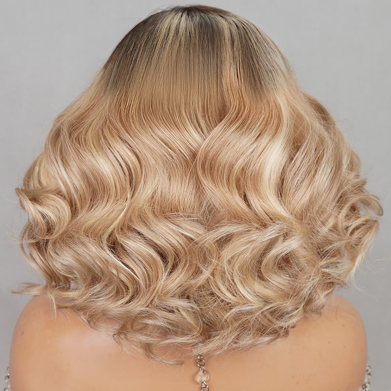 (Super Deal)Ombre Ash Blonde Highlight Wig Classic Short Wavy Wig Medium Blonde #2 Dark Brown Virgin Human Hair HD 6x5 Glueless Lace Wig